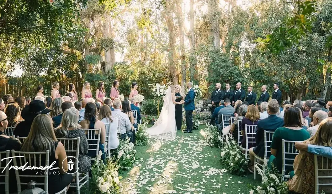 Bride and groom getting married at the altar, sharing their wedding ceremony with their invited guests