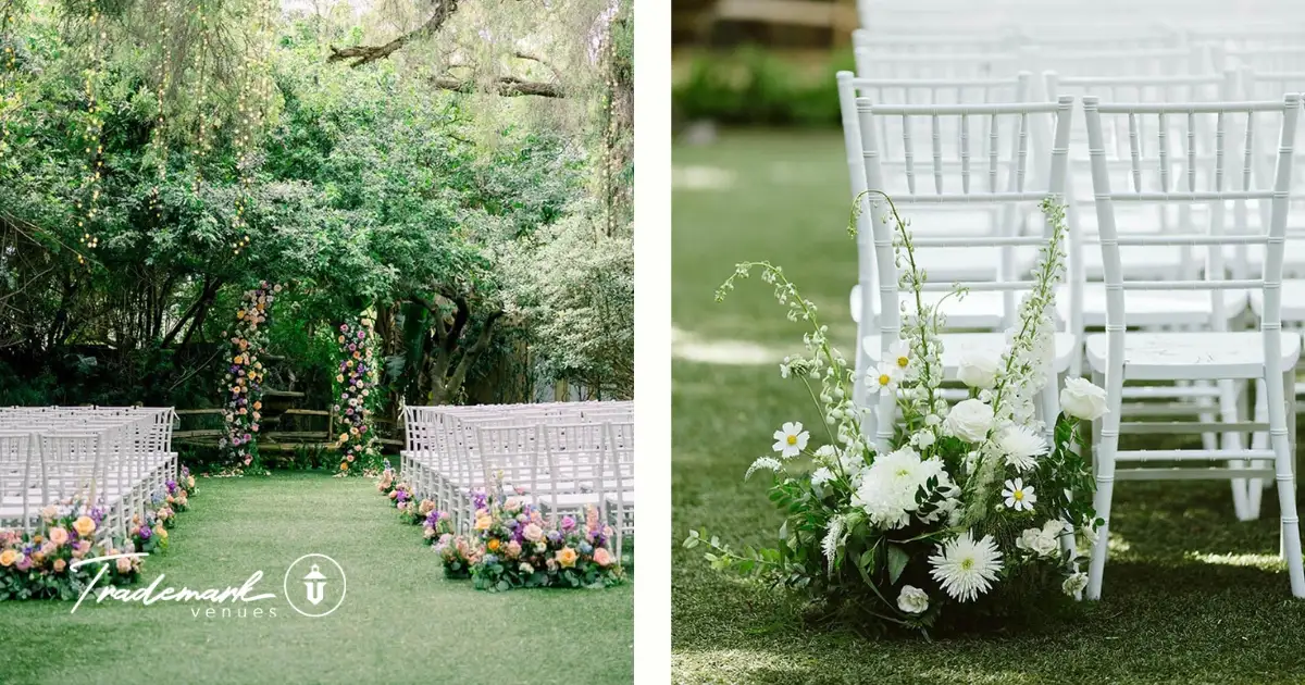 Outdoor wedding ceremony with white chairs and living meadow aisle floral arrangements at Green Gables by Trademark Venues.