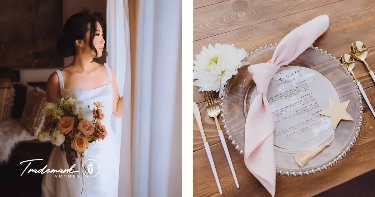 An elegant bride near a window paired with a close-up of a formal gold and white reception place setting at a wedding.