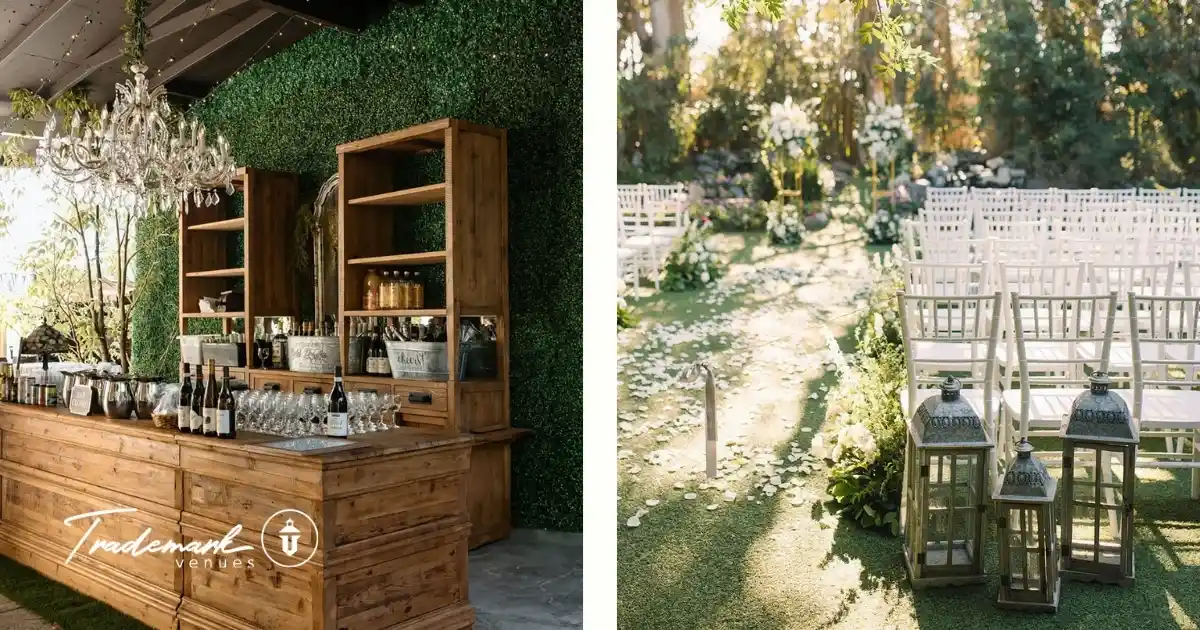 Sophisticated outdoor bar area and white ceremony seating arranged at an upscale wedding venue in Southern California.