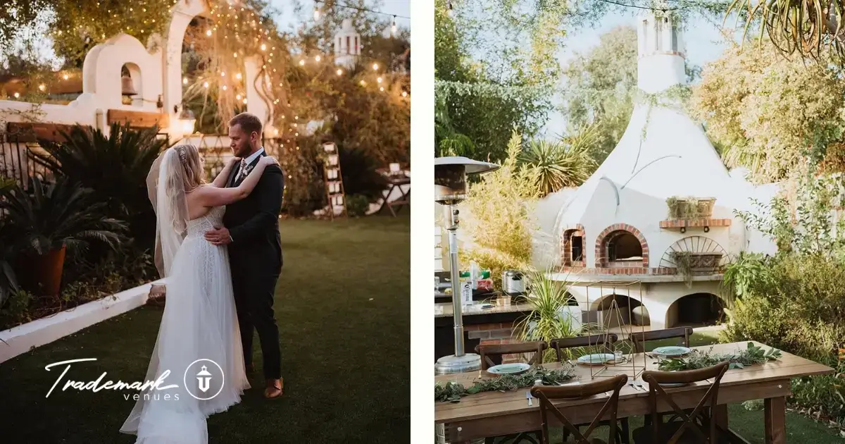 Couple dancing in a romantic outdoor courtyard with a brick pizza oven and warm string lights at a Tuscan-style wedding venue in Fallbrook.