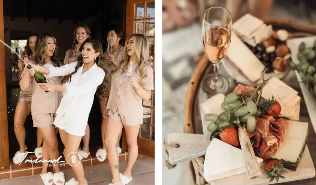 Four women in matching beige outfits laughing together next to a luxury charcuterie board with champagne and fresh fruit at a Southern California bachelorette party.